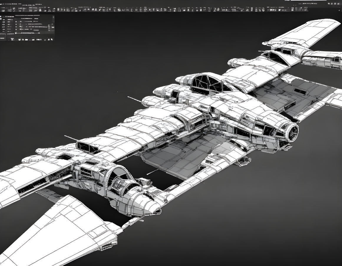 Detailed Twin-Engine Aircraft Wireframe Model on Dark Background