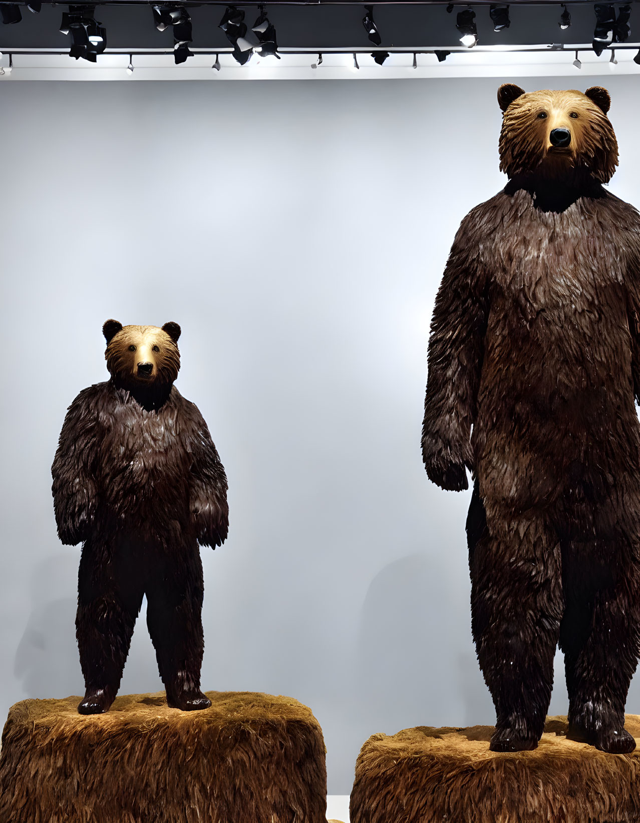 Two life-sized bear sculptures on circular bases with size contrast, set against a spotlighted background.