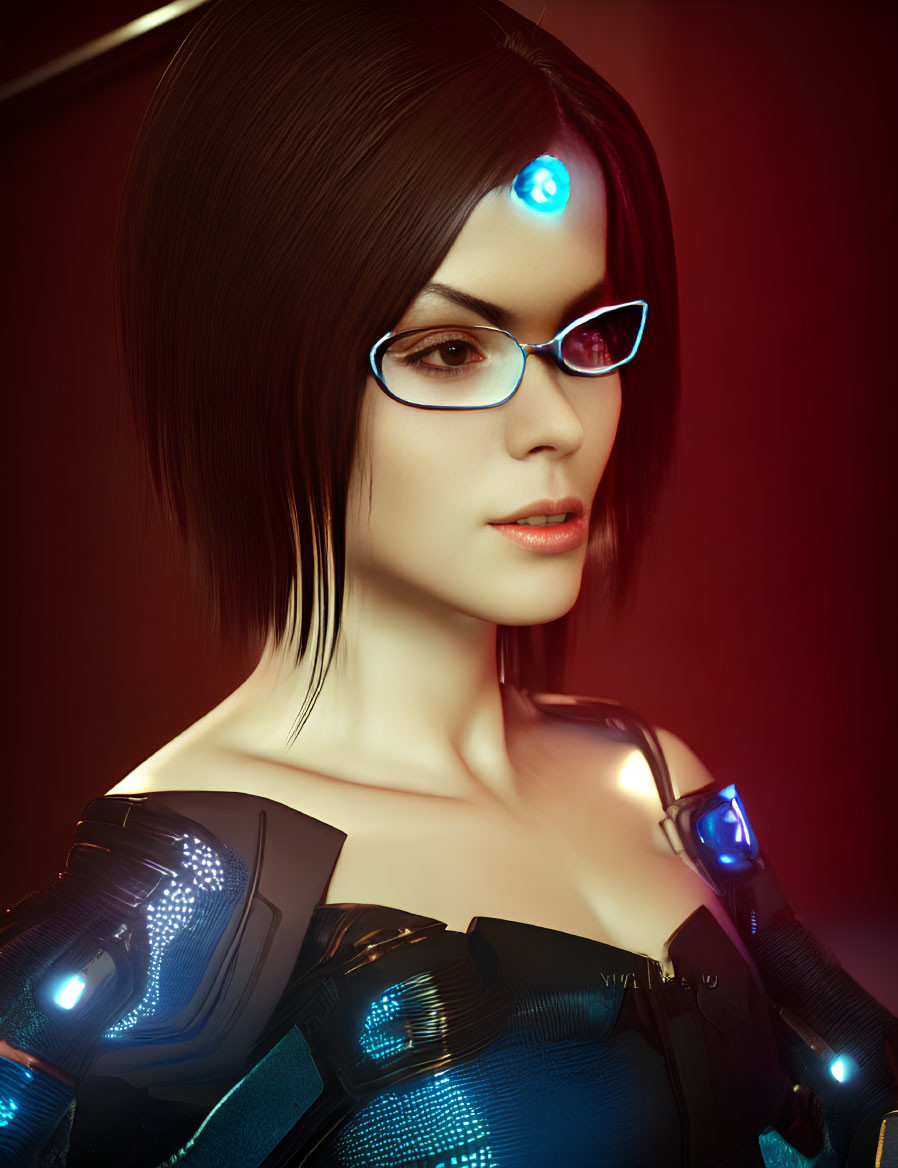 Futuristic digital artwork of female in neon-lit armor & glasses