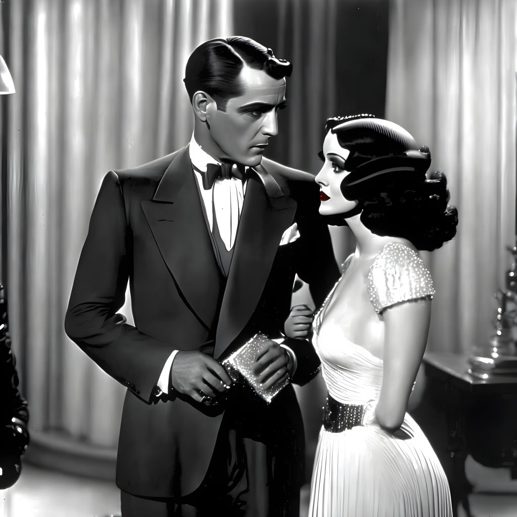 Vintage Hollywood glamour: Black and white photo of man and woman in tuxedo and gown gazes