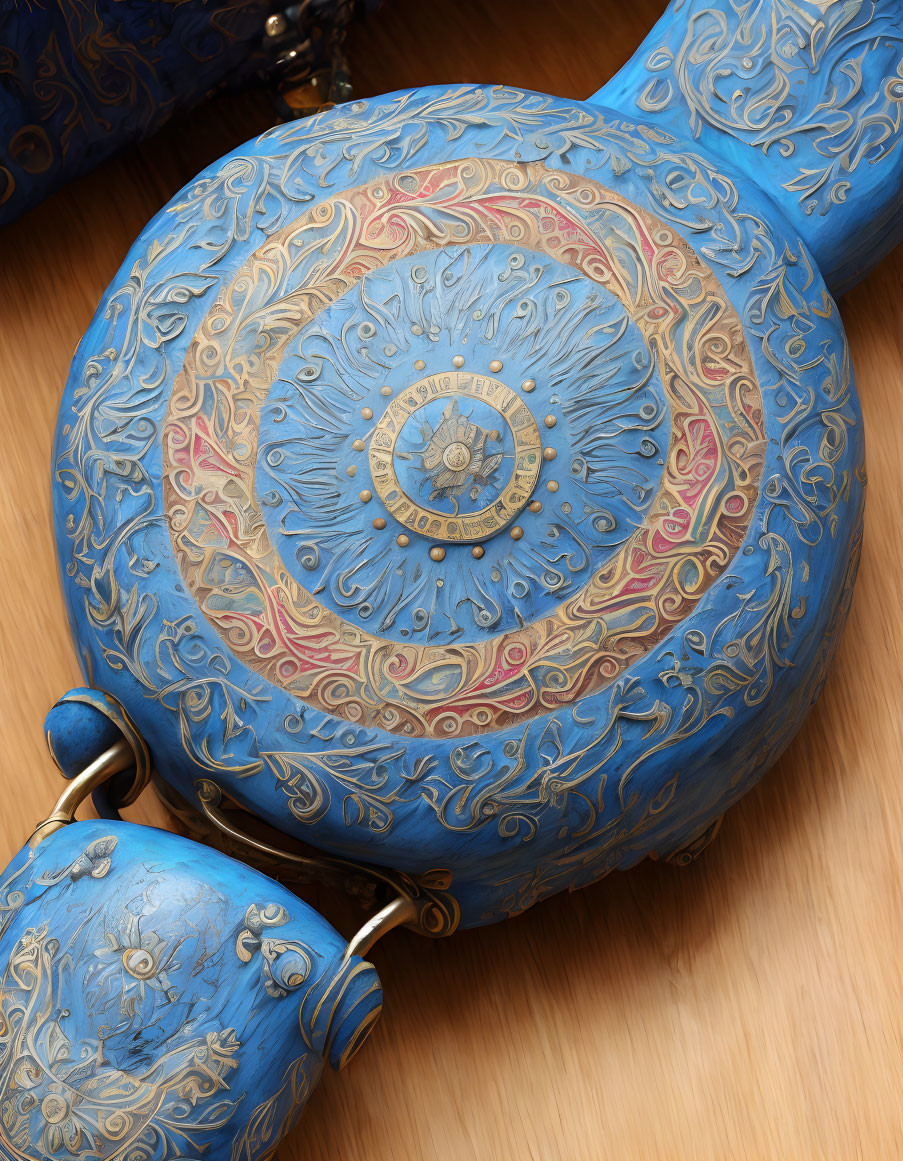 Blue Vase with Gold and Coral Floral Patterns on Wooden Background