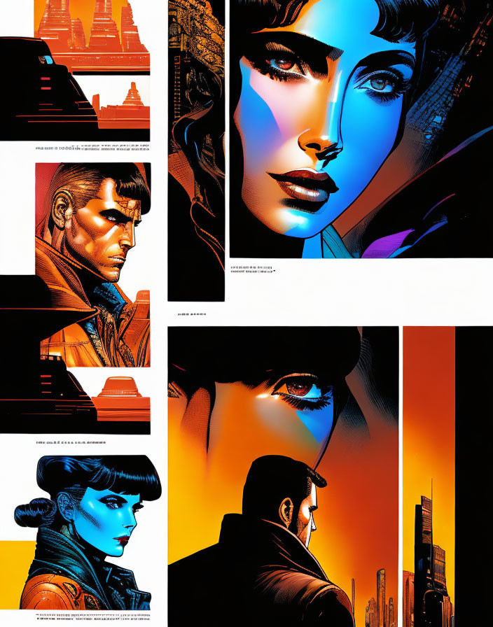 Close-up Comic Book Panels: Man and Woman's Faces in Vibrant Blue and Orange, Cityscape