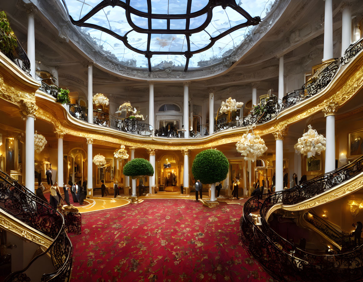 Luxurious hotel lobby with grand staircases, ornate balustrades, and glass ceiling