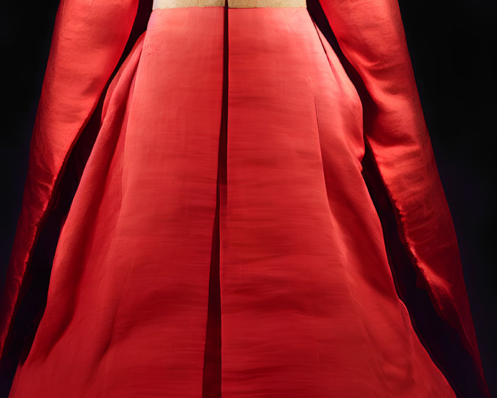 Traditional Red and Gold Hanbok with Broad Sleeves and Full Skirt on Black Background