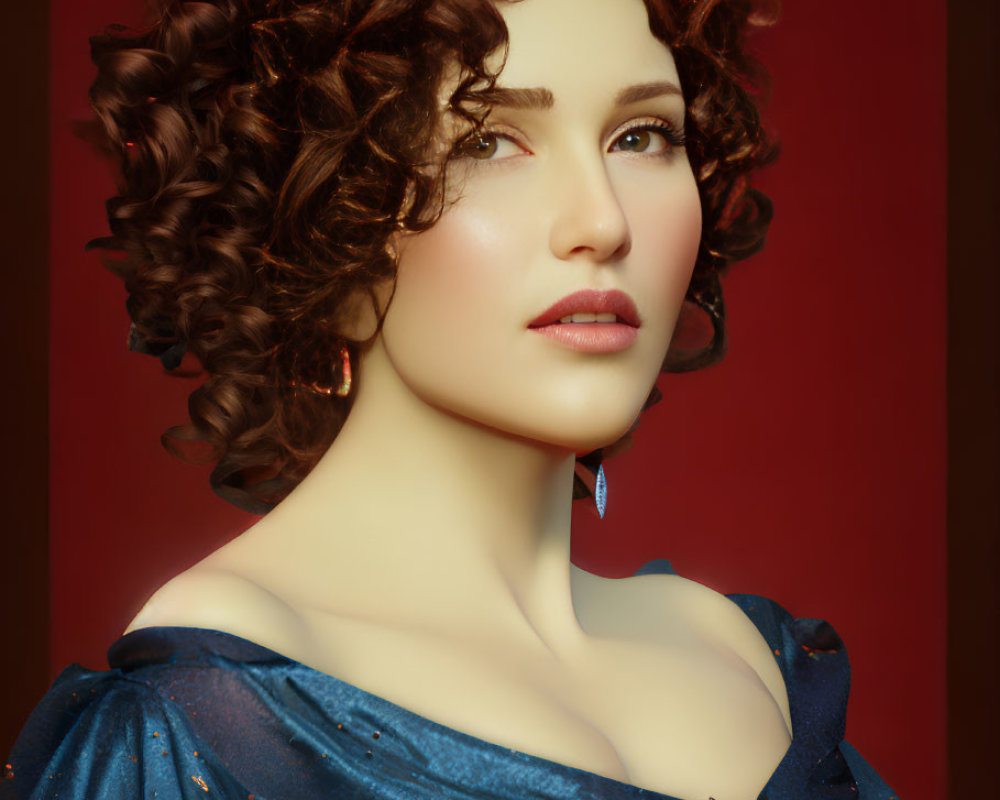 Curly brown-haired woman in blue dress with glitter details and brooch on warm-toned backdrop