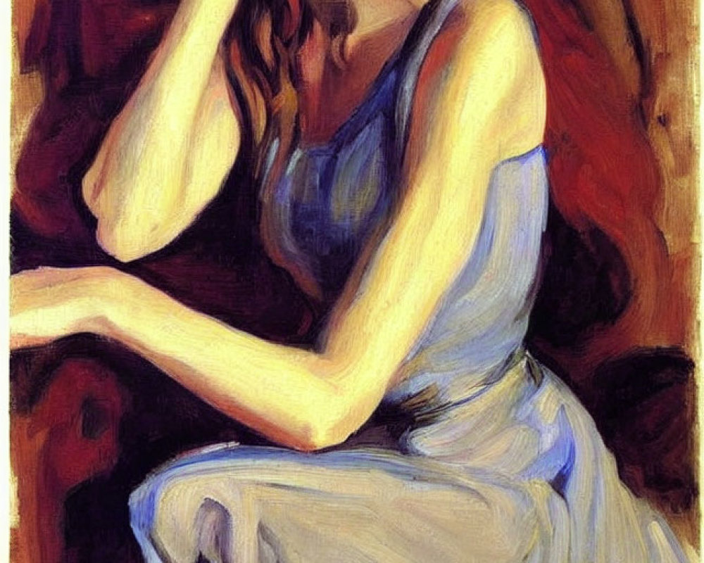 Portrait of a Thoughtful Woman in Blue Dress with Curly Hair