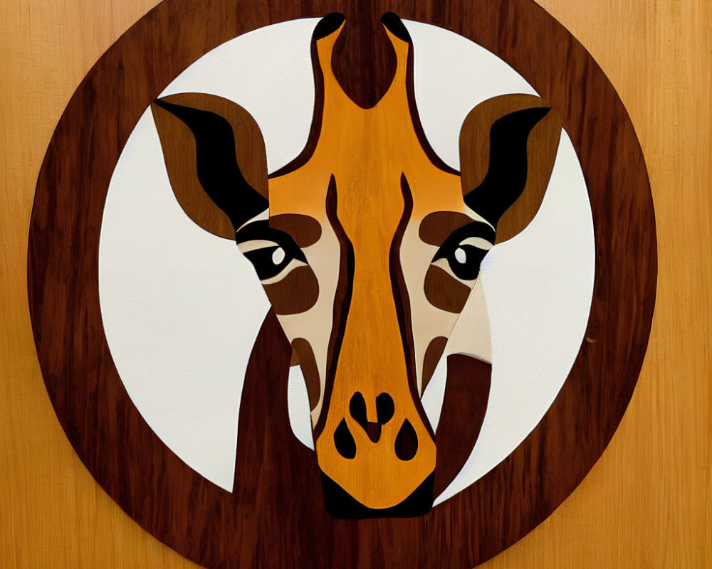 Wooden Giraffe Face Inlay Artwork with Abstract Design on Circular Background