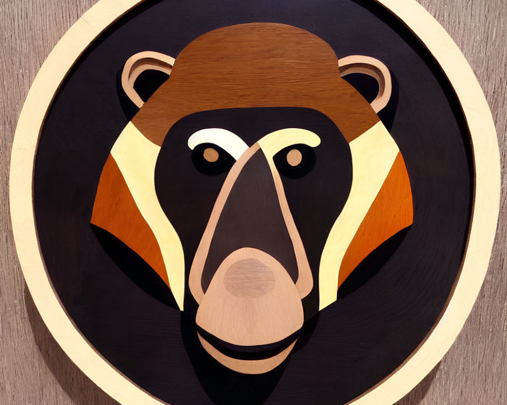 Geometric Wooden Bear Face Artwork in Circular Frame