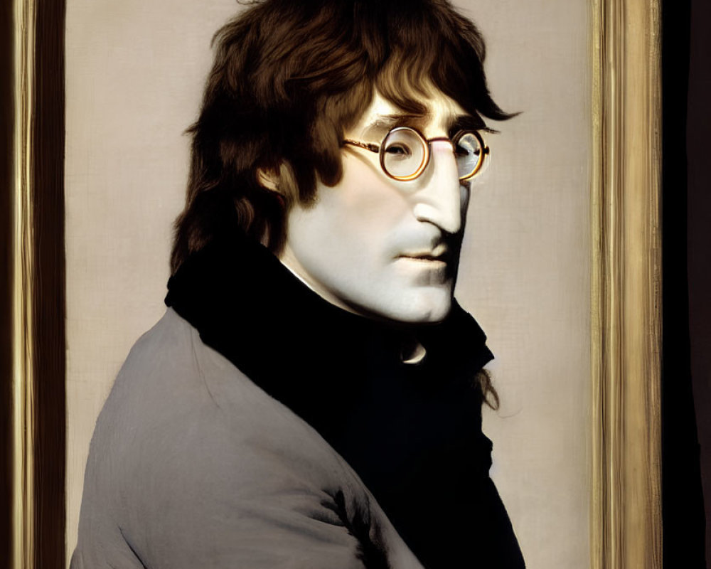 Hyperrealistic portrait of man with round glasses and shoulder-length hair, split color scheme, in classical