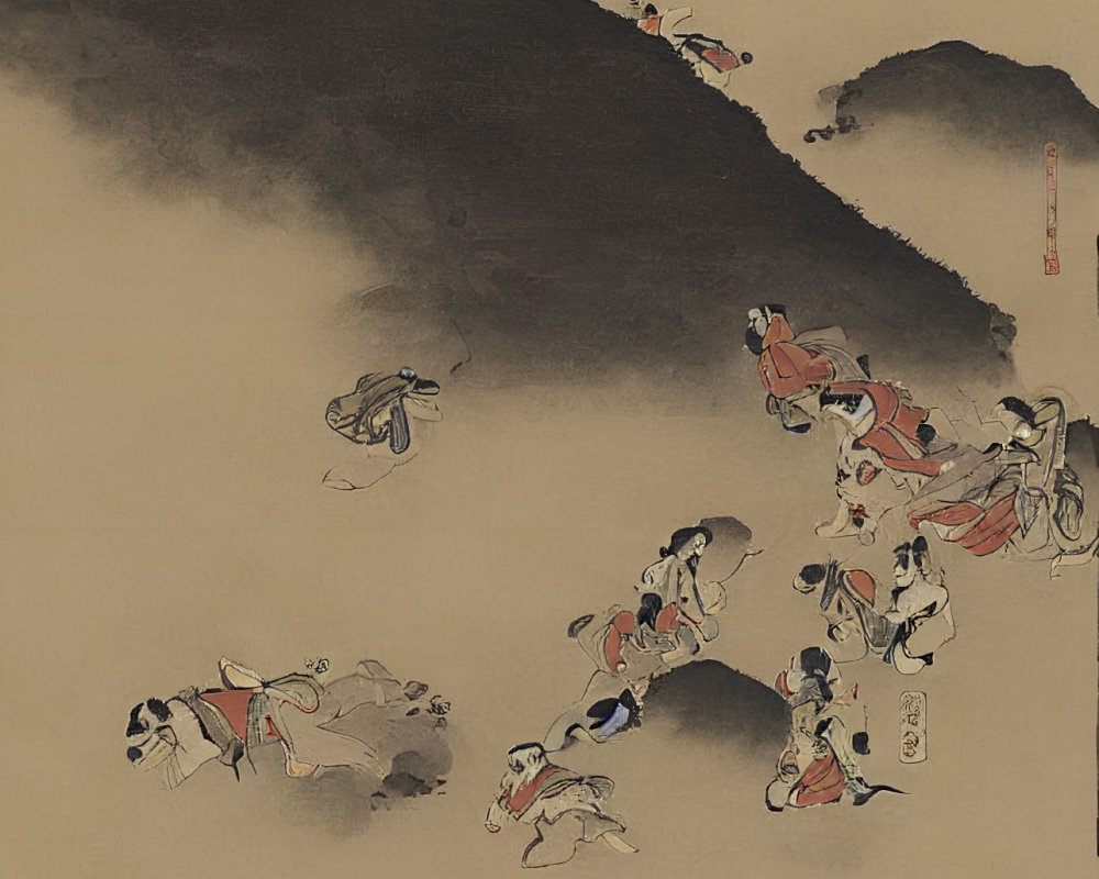 Traditional Asian painting of people on mountain trail