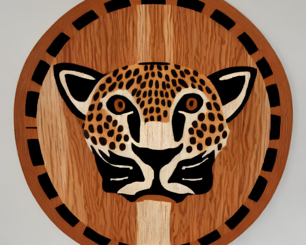 Stylized cheetah face wood wall art with circular background and black accents