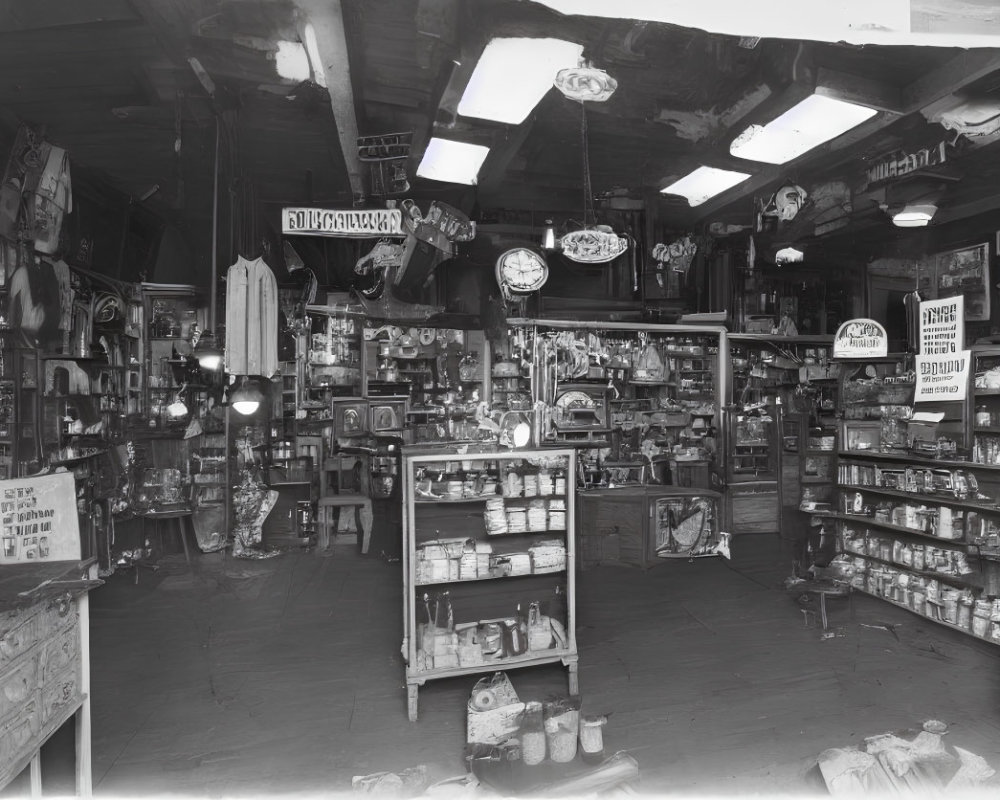 Retro Store Interior with Clocks, Signs, and Tin Containers