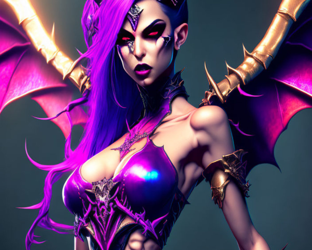 Stylized image of female character with purple hair, horns, wings, and ornate armor