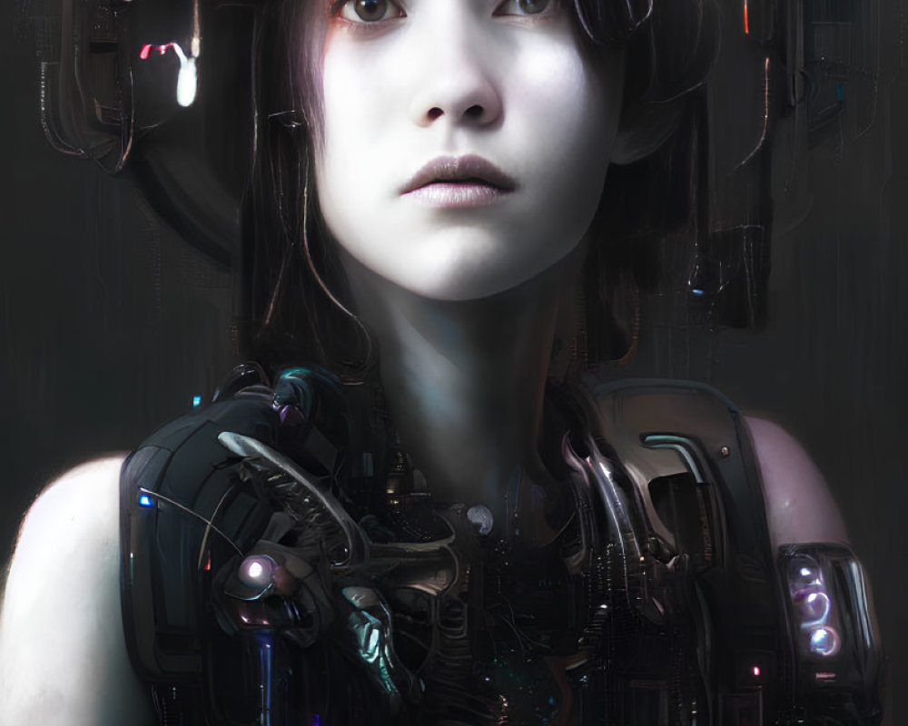 Futuristic portrait of a woman with robotic helmet and body suit