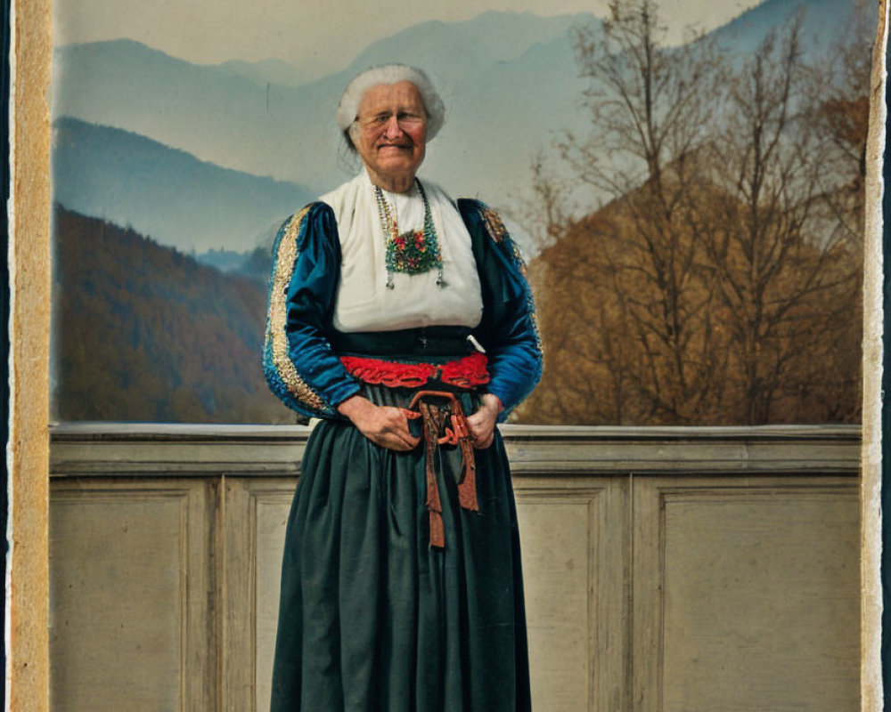 Elderly woman in traditional dress smiles against mountain backdrop