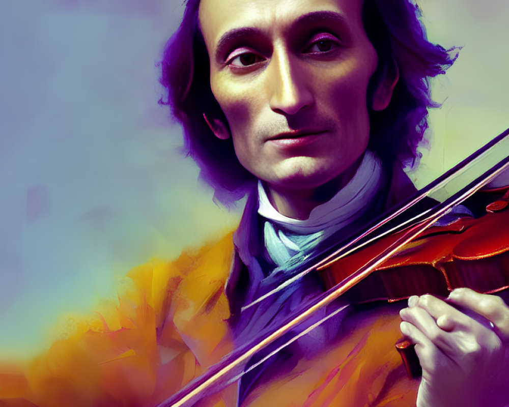 Vibrant digital portrait of a man with violin in historical attire