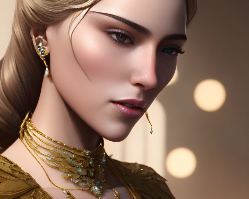 Detailed Close-Up of Woman in Digital Artwork with Golden Jewelry and Bokeh Lights