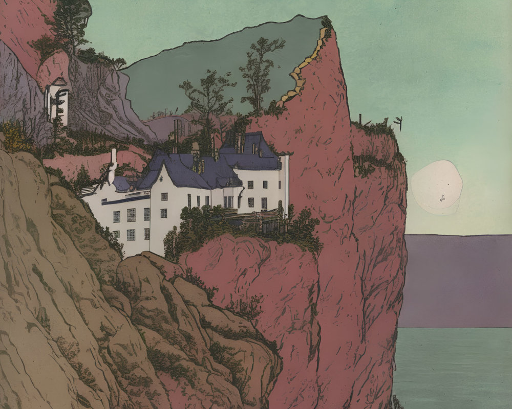 Vintage-style illustration: White houses on colorful cliffside by the sea