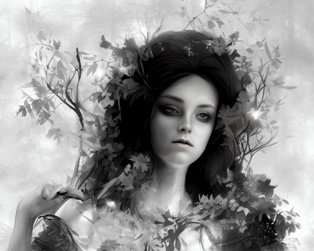 Monochromatic digital artwork of mystical woman with leaves and branches in her hair