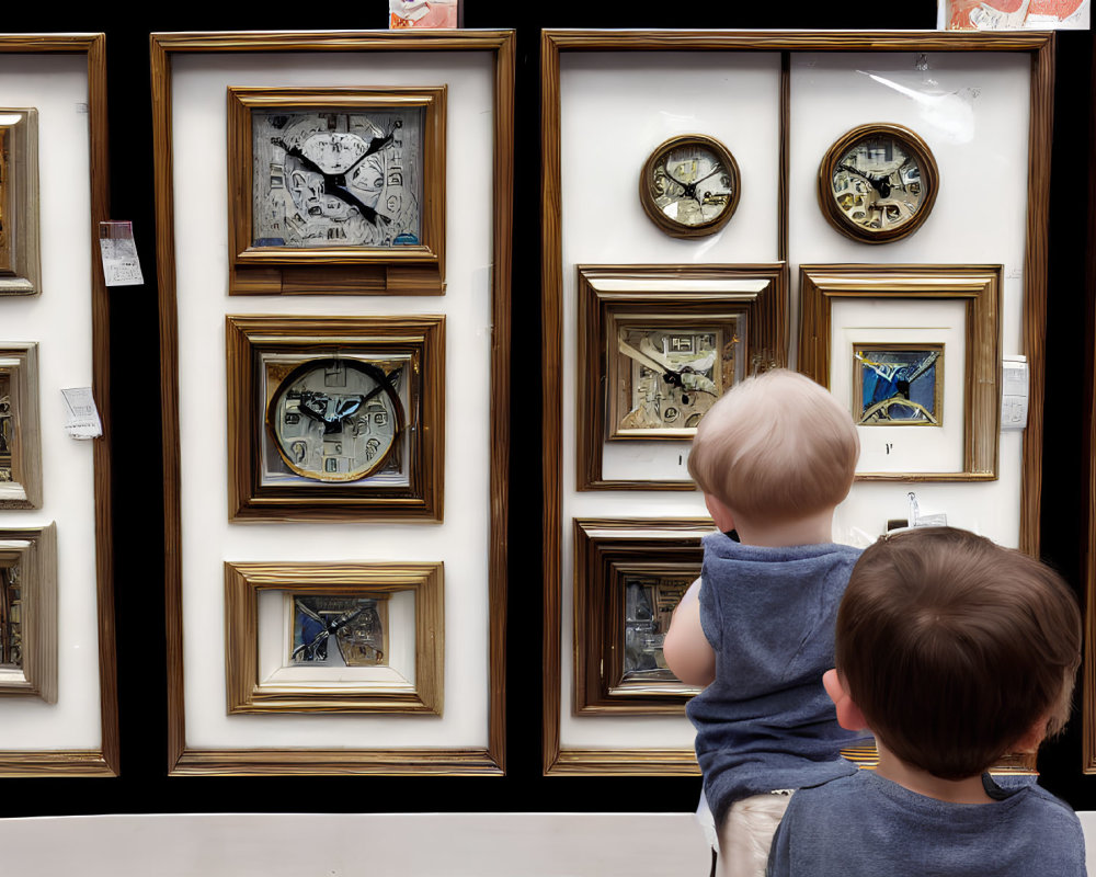 Toddler pointing at array of wall clocks with another child.