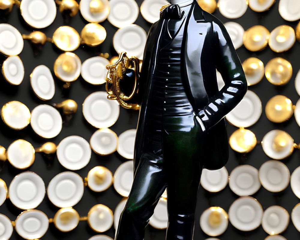 Porcelain figurine of man in black suit with top hat and cane on golden circles