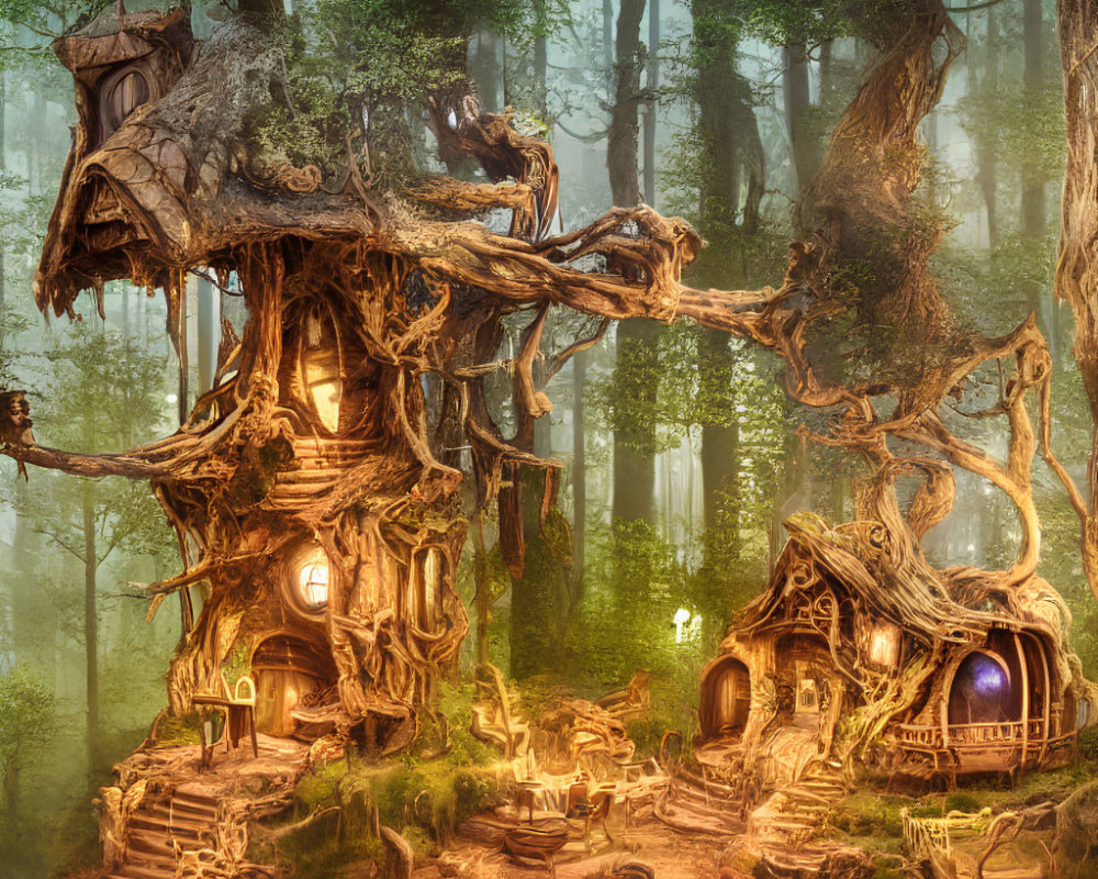 Intricate Tree Houses in Enchanted Forest Scene