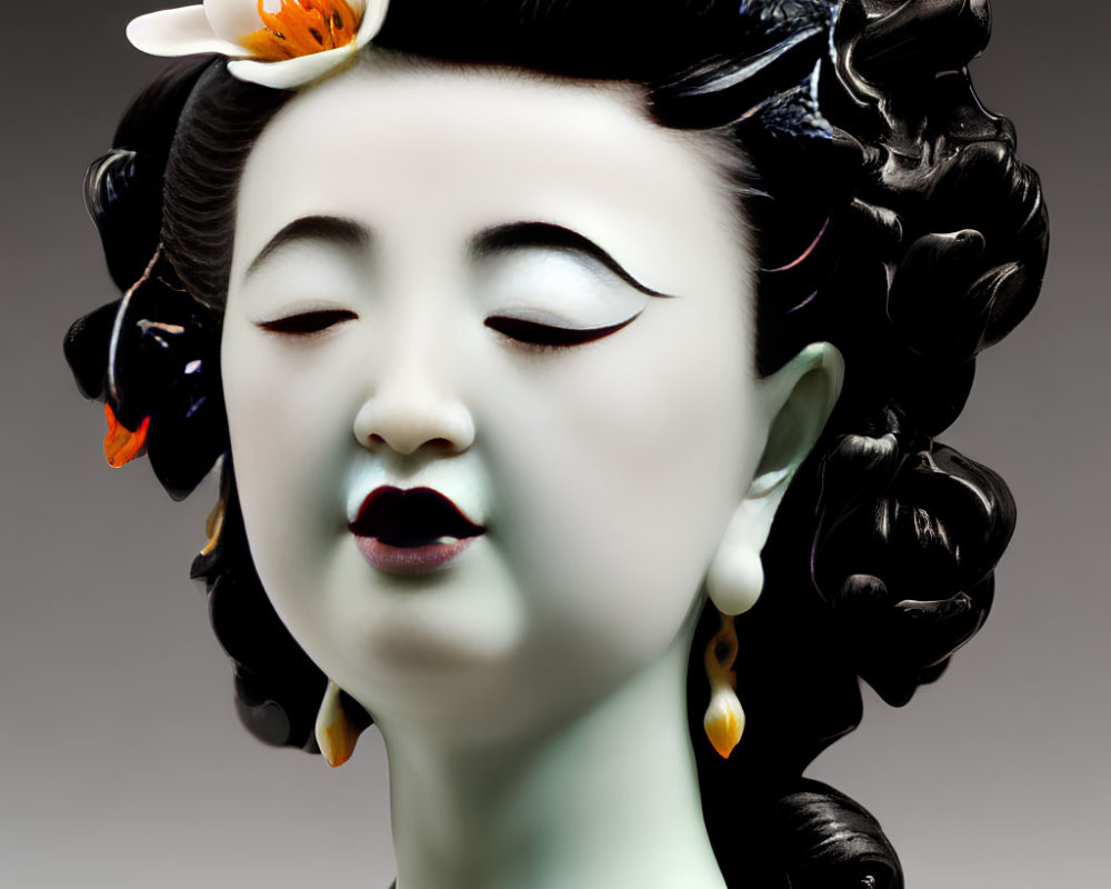 Traditional Asian-inspired sculpture of a serene woman with intricate hair ornaments and closed eyes