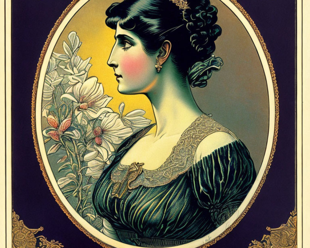 Vintage Illustration of Woman with Elegant Profile Hairstyle & Attire