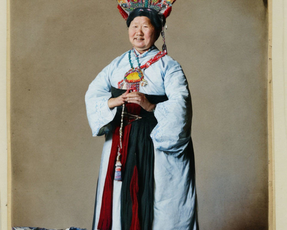 Traditional Attire with Elaborate Headdress and Beaded Accessories