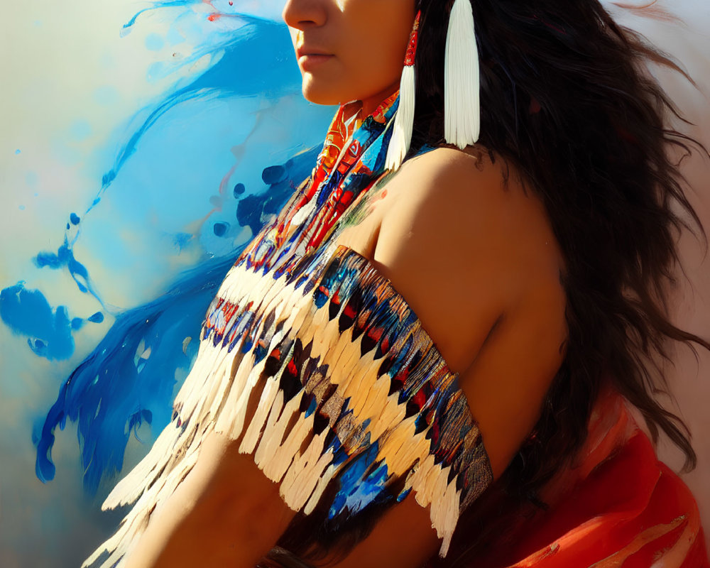 Native American woman in traditional attire with beaded jewelry and feather earrings on blue backdrop