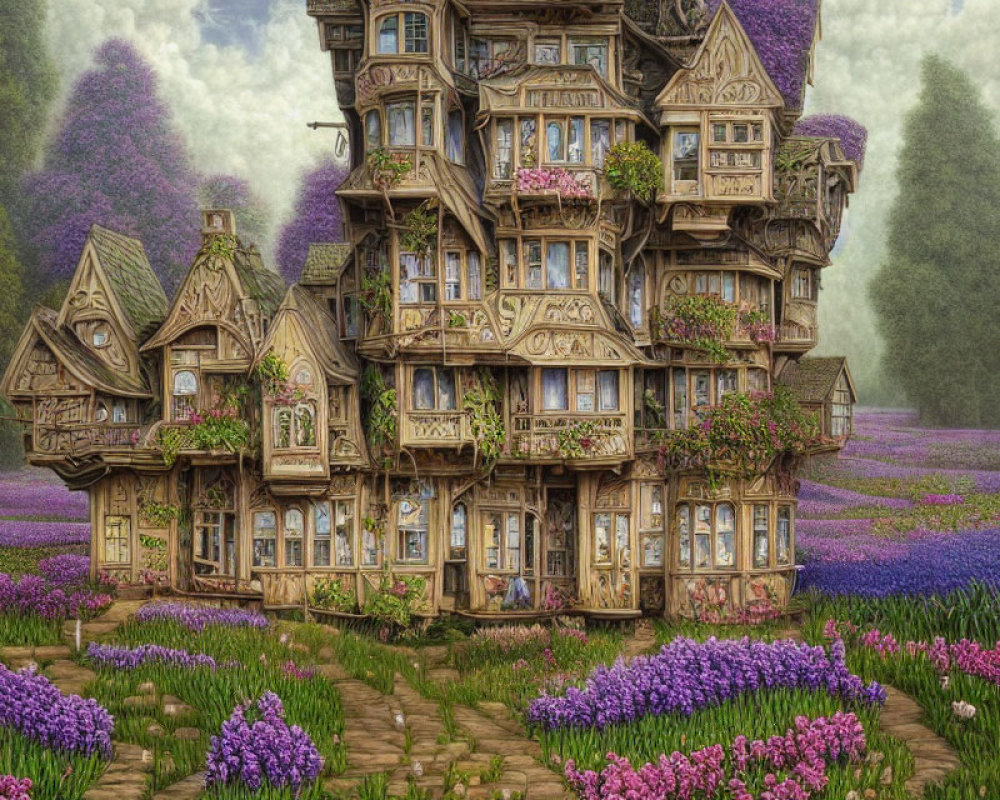 Whimsical fantasy illustration of a wooden multi-story house amidst vibrant flowers and greenery