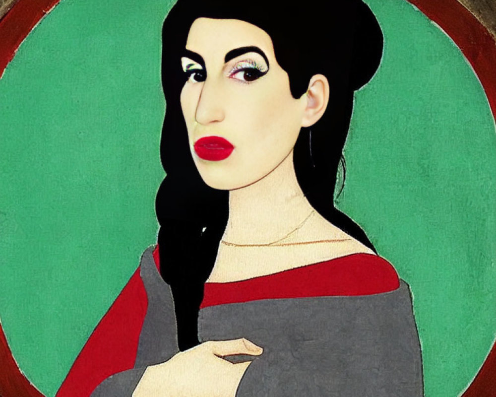 Stylized portrait of woman with black hair, red lipstick, green background, red and grey outfit