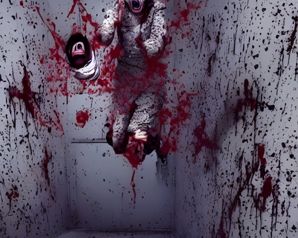 Horror-themed image: Scary clowns in bloody room