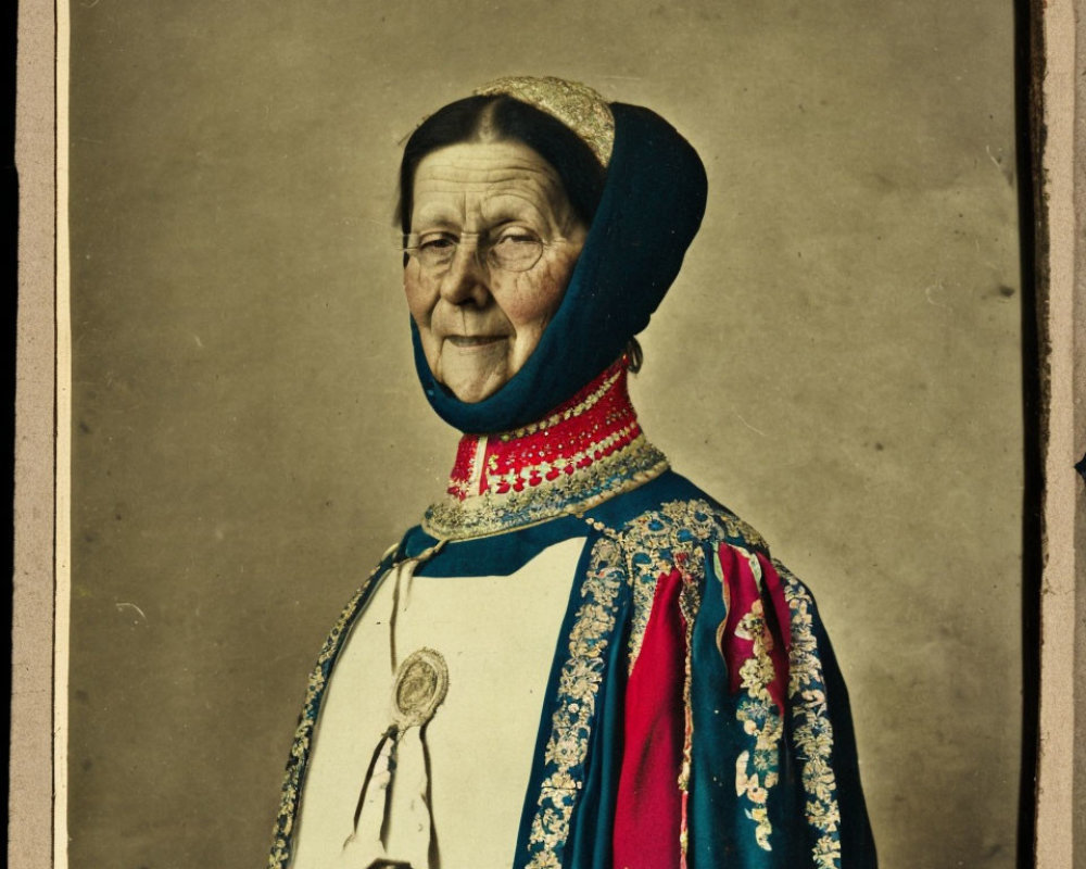 Elderly woman in traditional attire with colorful embroidery and medallion.