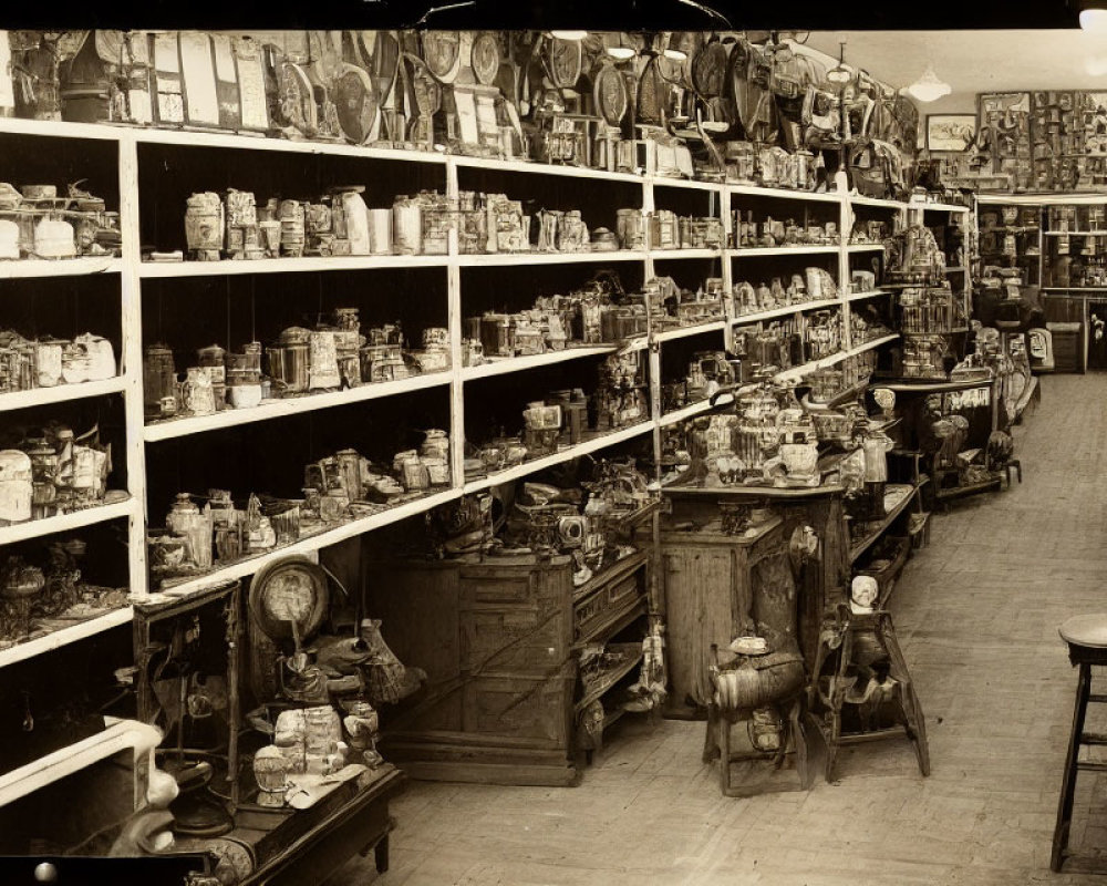 Vintage Store Interior with Antique Collectibles & Rich Wood Tones