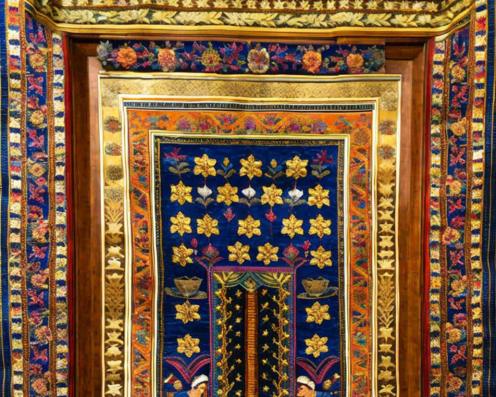 Golden Frame Surrounds Colorful Tapestry with Floral Patterns and Figures