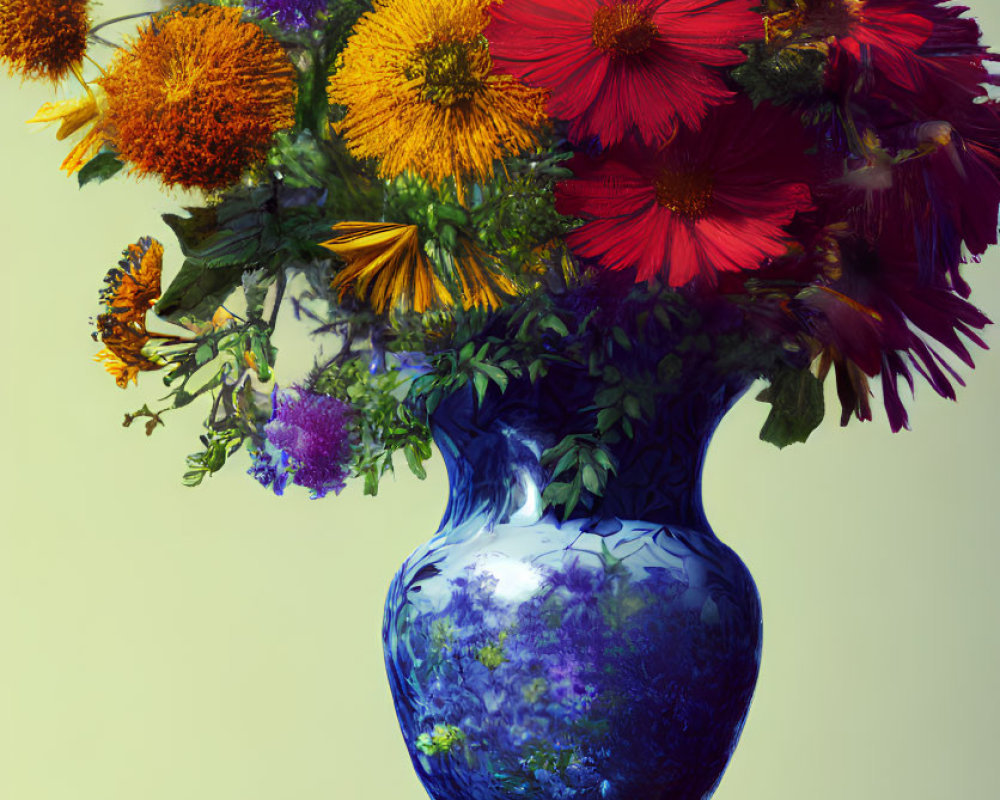 Colorful bouquet in blue vase on two-tone background