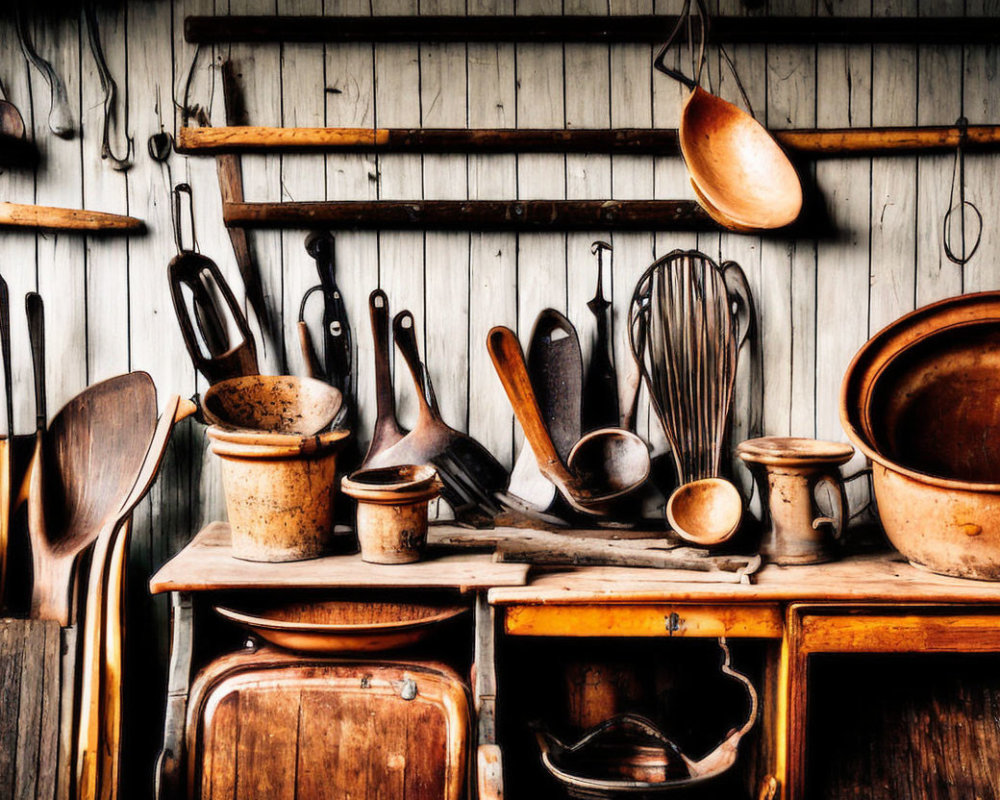 Assorted Vintage Kitchenware Displayed on Wooden Wall