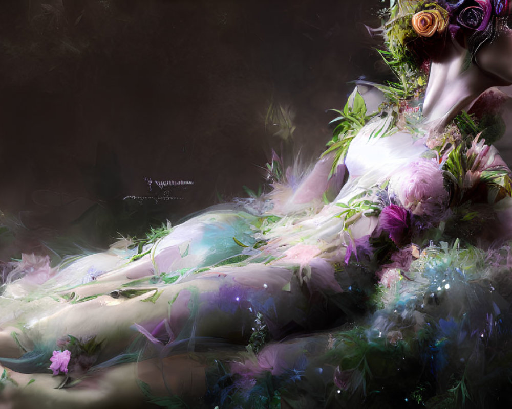 Ethereal being adorned with flowers, reclining amid dark floral backdrop