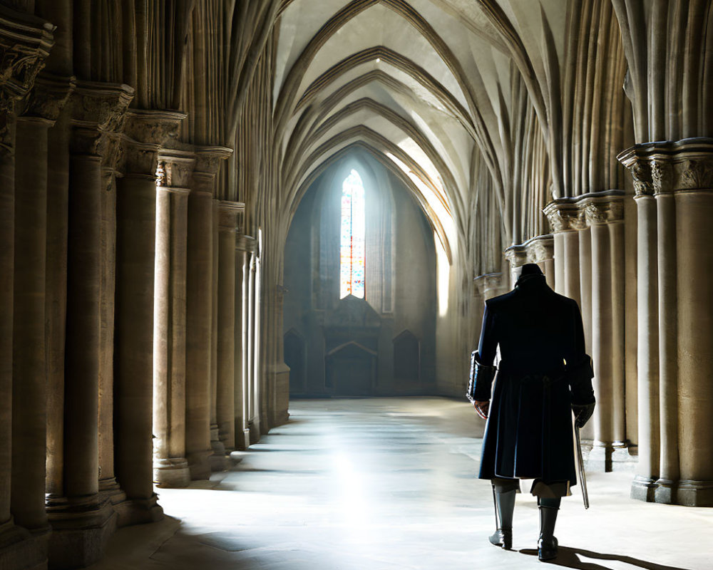 Figure in Long Coat and Hat Contemplating in Sunlit Gothic Cathedral