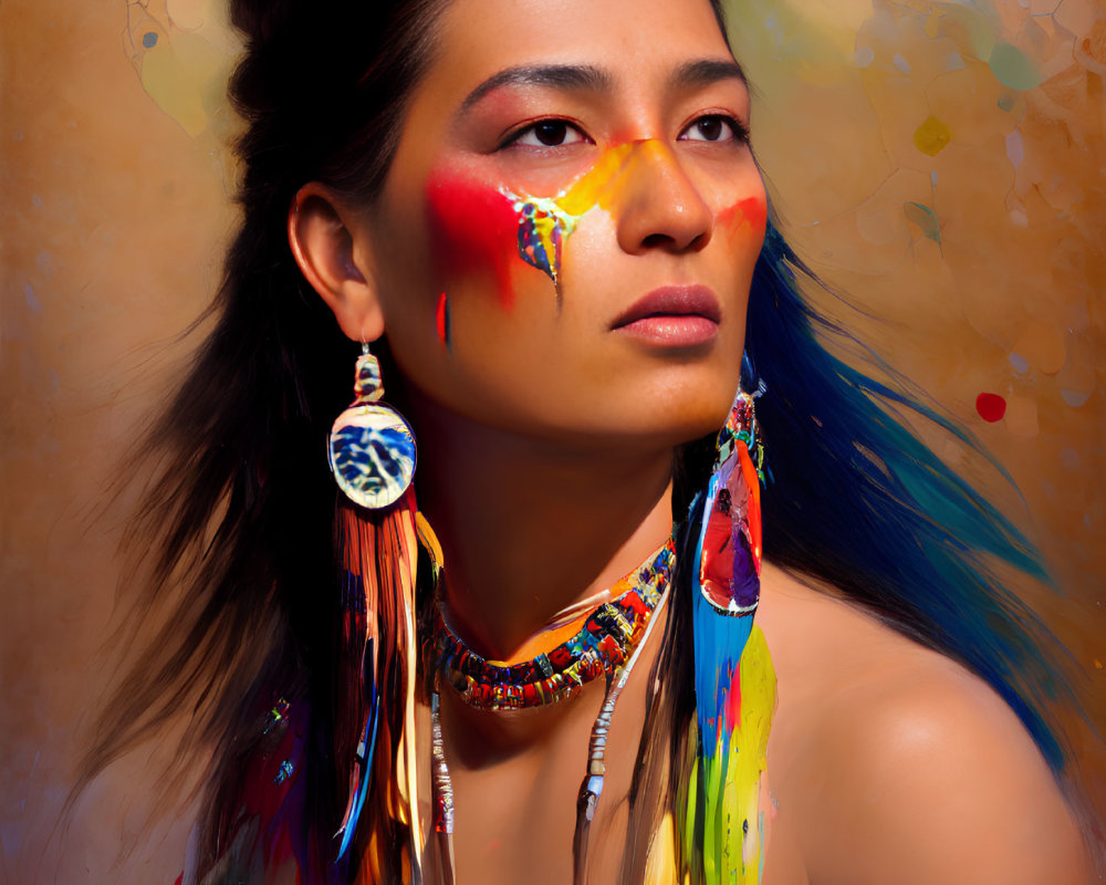 Colorful Face Paint and Beaded Jewelry Portrait on Warm Background