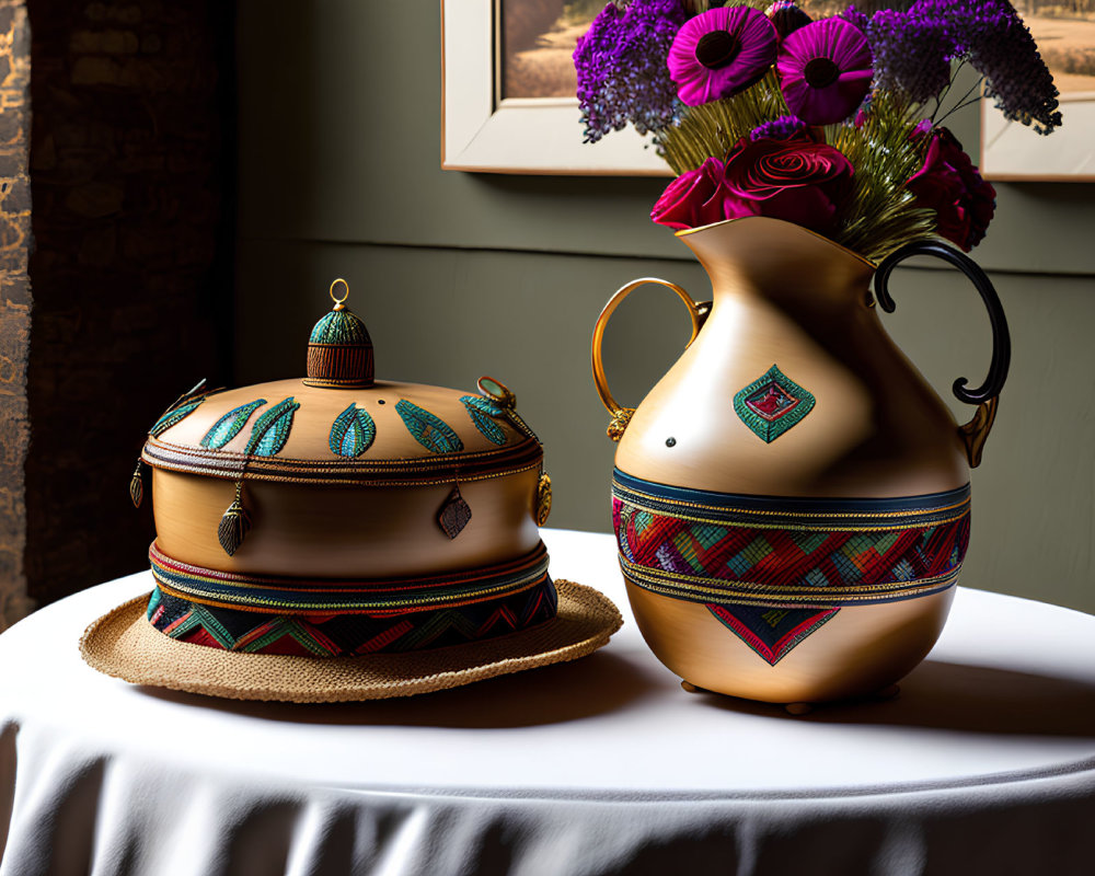 Intricate terracotta pot, tureen, and vibrant floral pitcher on white table