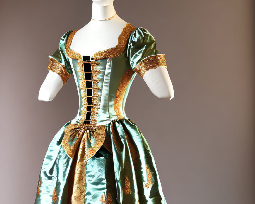 Elaborate Green and Gold Historical Gown with Puffed Sleeves