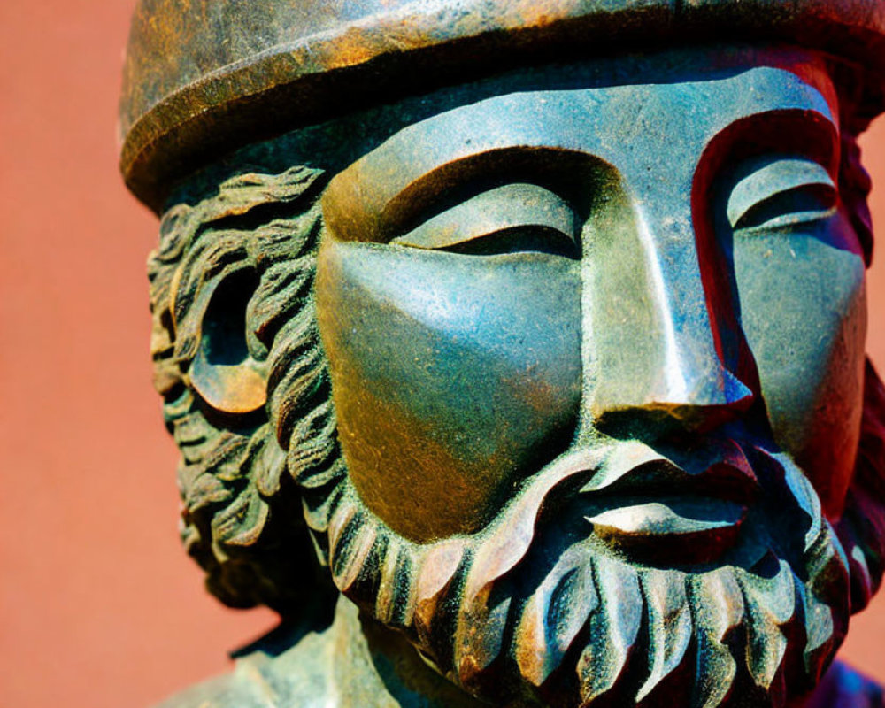 Bronze statue of bearded man in Greek helmet on warm background