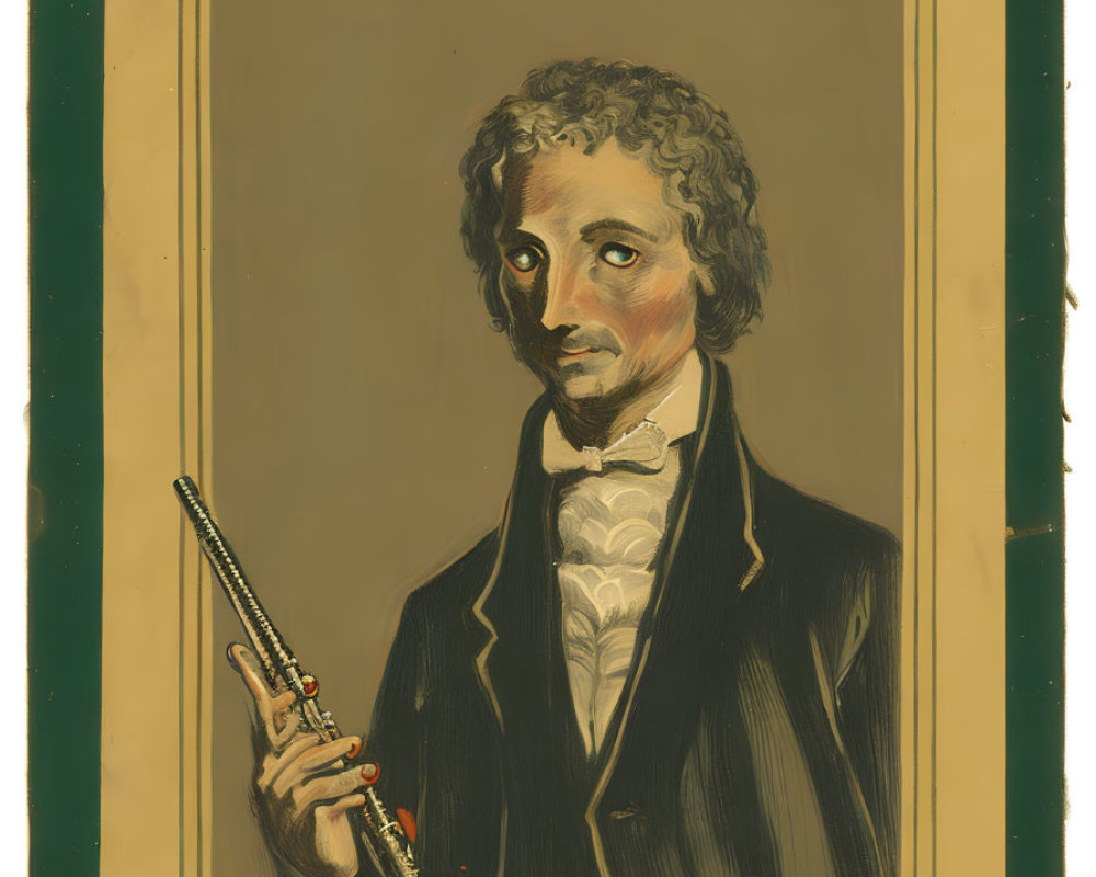 Vintage-style illustrated portrait of man with oboe and decorative text and emblems.