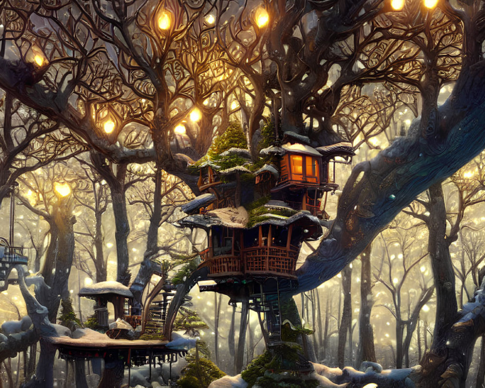 Snow-covered forest with intricate treehouses and glowing lanterns at winter twilight