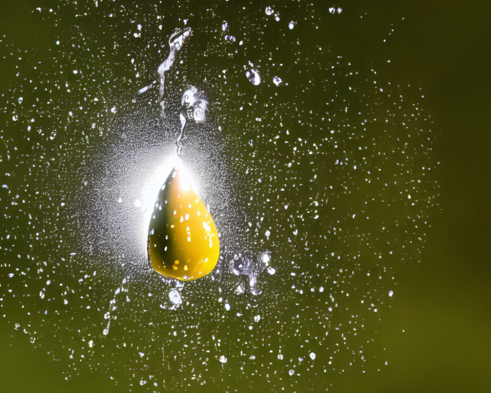 Yellow fruit in mid-air with water droplets on green background