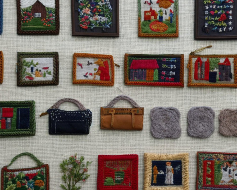 Handcrafted Needlework Pieces and Bags Displayed with Various Patterns and Colors