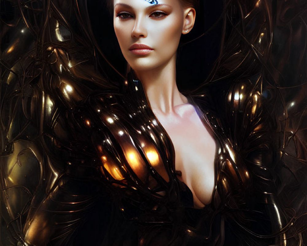 Ethereal woman with glowing skin and futuristic headpiece emerges from dark metallic shapes