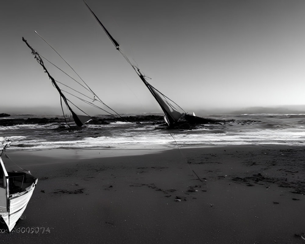 Monochrome beach scene with rowboat and sailboats on shore